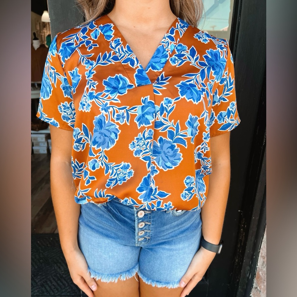 NWOT Entro Amber Copper and Blue Blouse, S